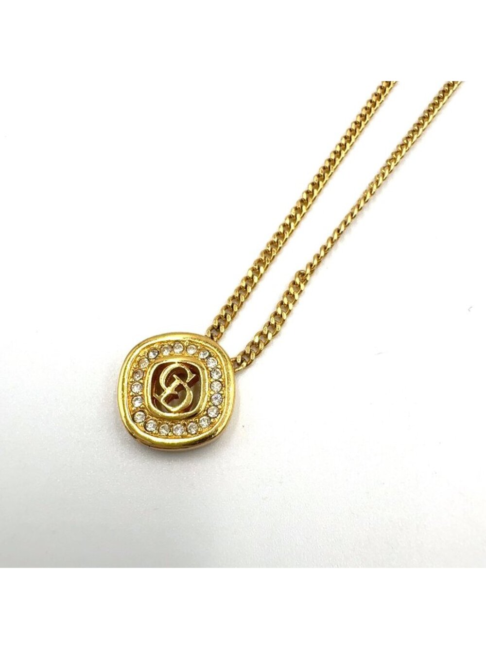 Dior CD Logo Square Rhinestone Color Stone Clear Gold Necklace